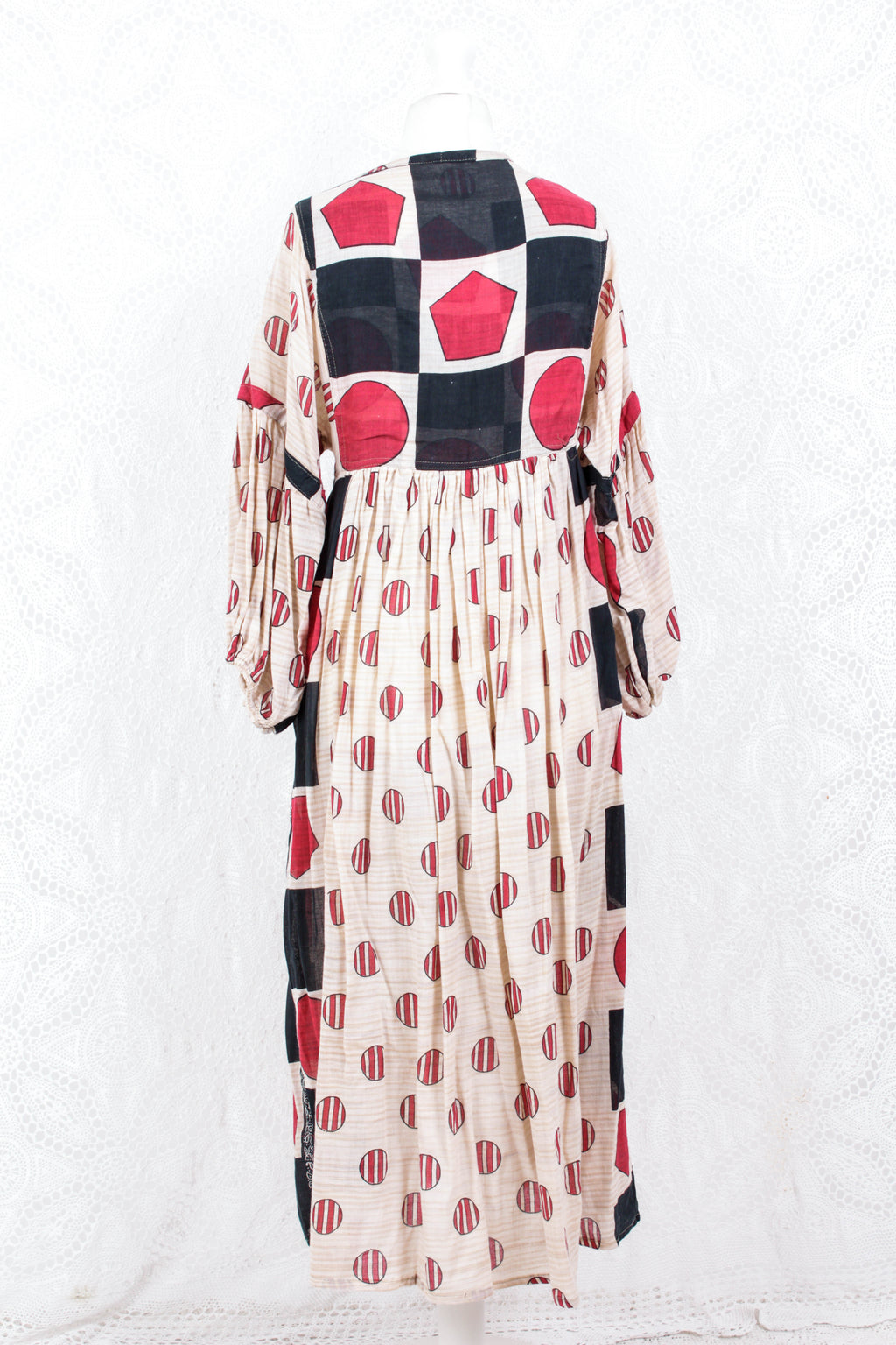 Daisy Midi Smock Dress - Vintage Indian Cotton - Sheer Oatmeal Graphic - XS