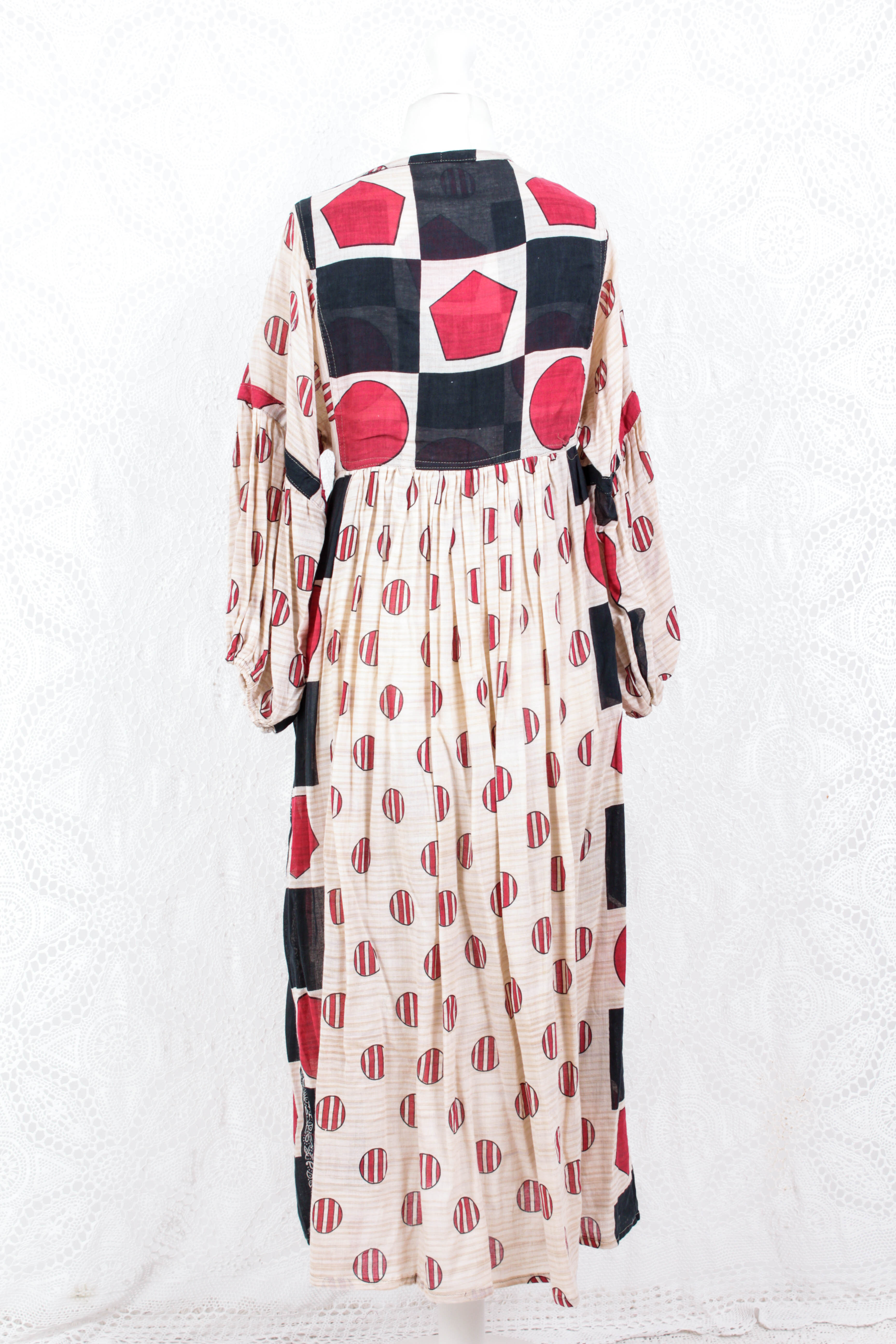 Daisy Midi Smock Dress - Vintage Indian Cotton - Sheer Oatmeal Graphic - XS