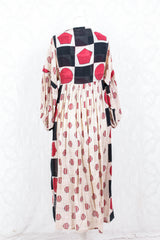 Daisy Midi Smock Dress - Vintage Indian Cotton - Sheer Oatmeal Graphic - XS