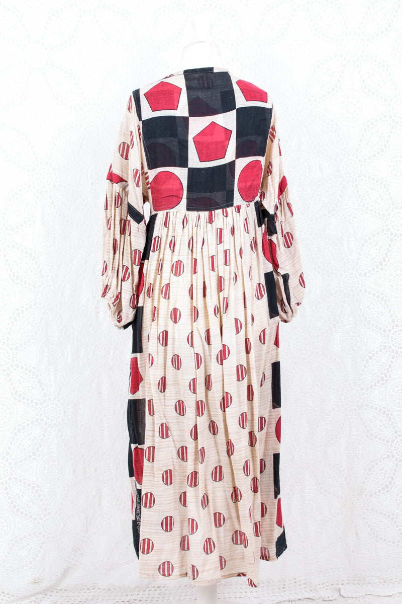 Daisy Midi Smock Dress - Vintage Indian Cotton - Sheer Oatmeal Graphic - XS