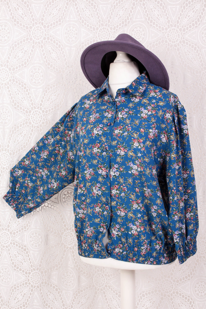 Vintage Bomber Shirt - Cerulean & Muted Floral - Free Size