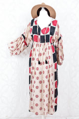 Daisy Midi Smock Dress - Vintage Indian Cotton - Sheer Oatmeal Graphic - XS