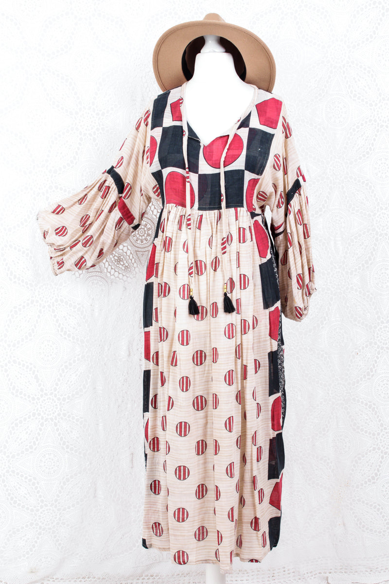 Daisy Midi Smock Dress - Vintage Indian Cotton - Sheer Oatmeal Graphic - XS