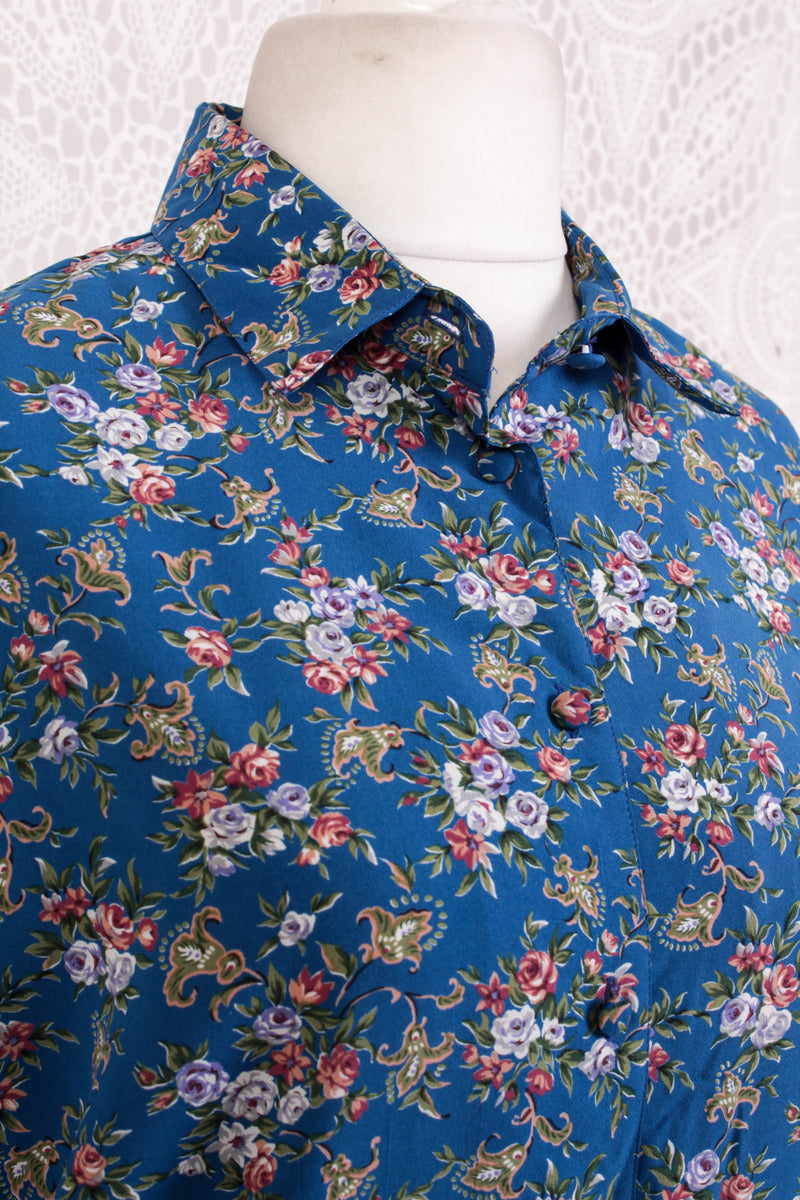 Vintage Bomber Shirt - Cerulean & Muted Floral - Free Size