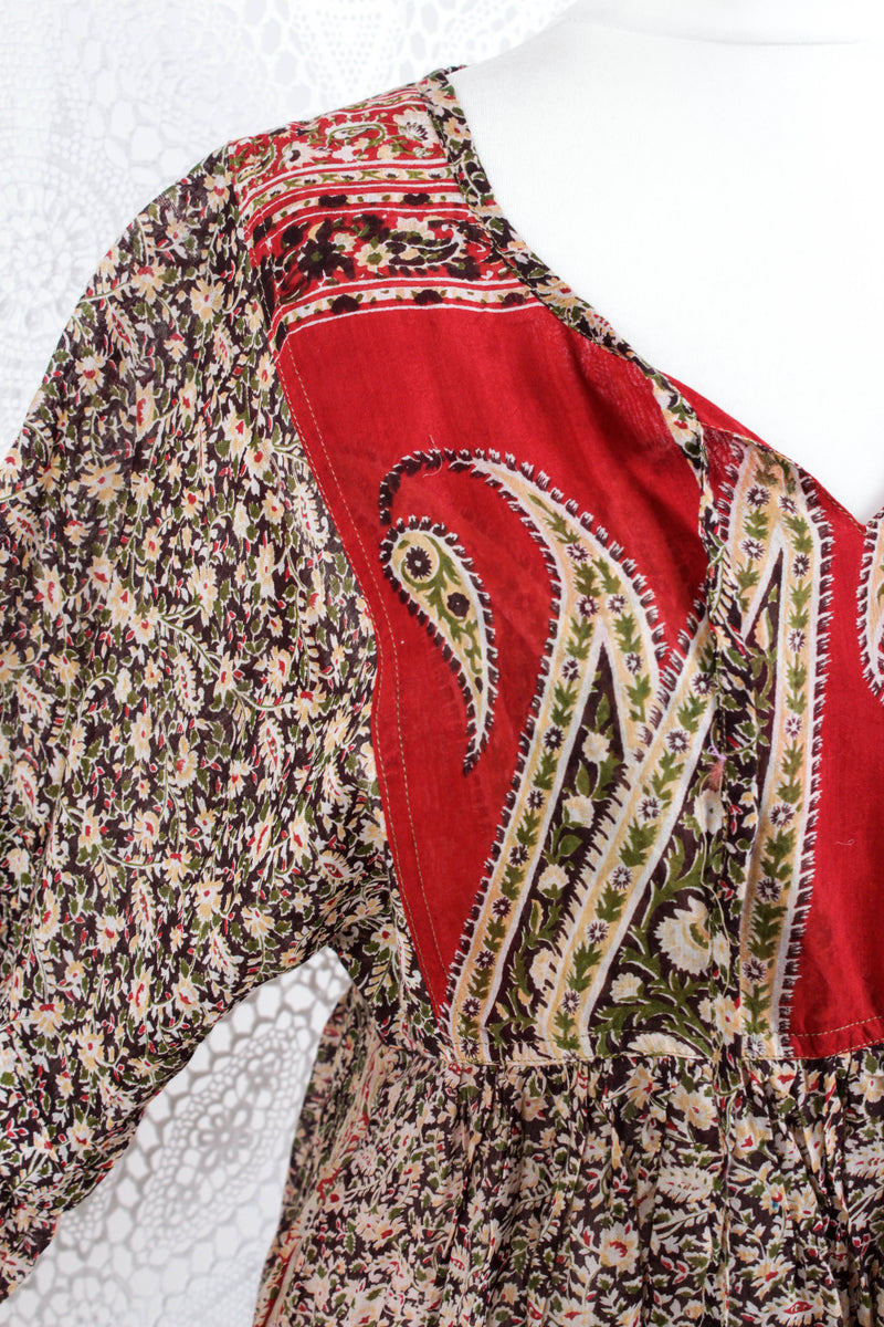 Daisy Midi Smock Dress - Vintage Indian Polycotton - Sheer Carob & Ruby Floral - S/M