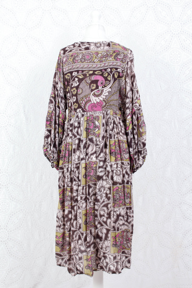 Daisy Midi Smock Dress - Vintage Indian Cotton - Cream & Hickory Dancers - M