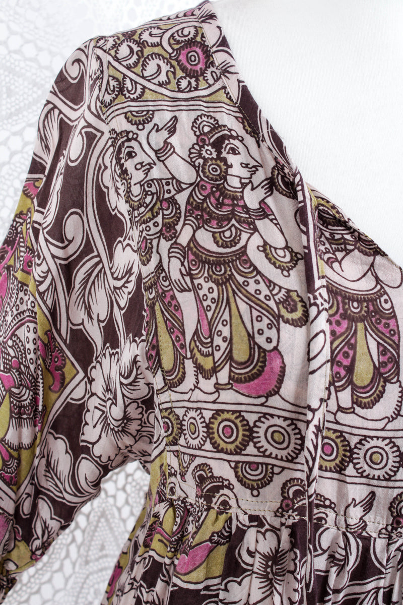 Daisy Midi Smock Dress - Vintage Indian Cotton - Cream & Hickory Dancers - M