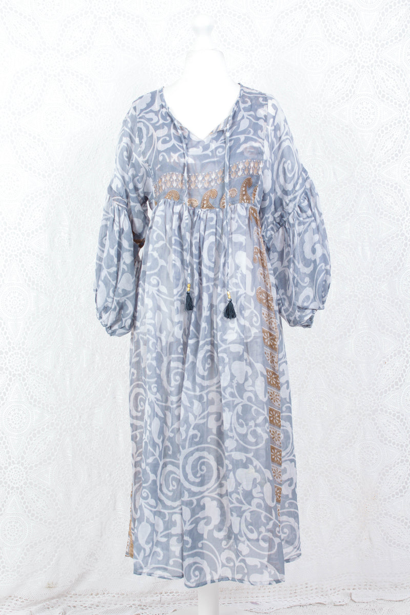 Daisy Midi Smock Dress - Vintage Indian Polycotton - Sheer Grey Floral - XS