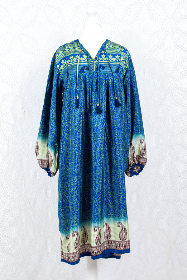 Daphne Smock Dress - Vintage Indian Sari - Blue & Green Paisley - S/M