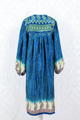 Daphne Smock Dress - Vintage Indian Sari - Blue & Green Paisley - S/M