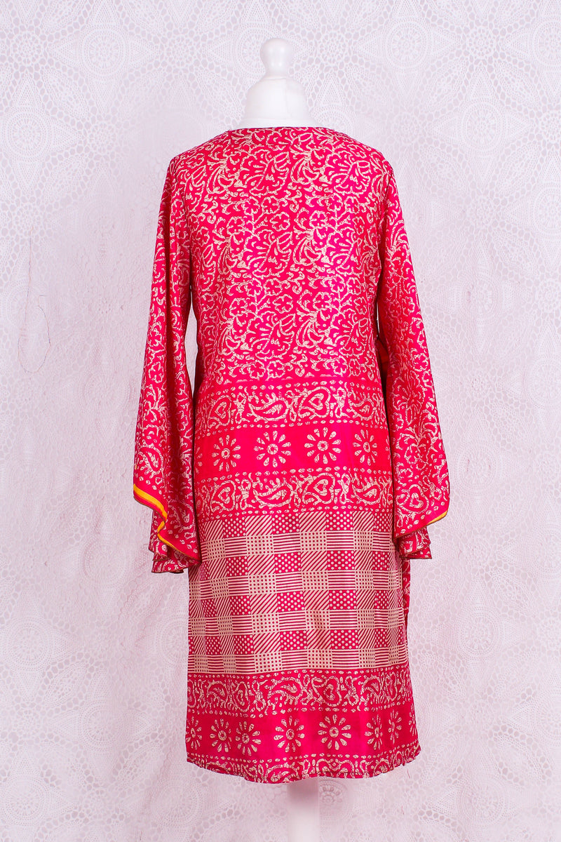 Gemini Bell Sleeve Midi Kimono/Dress - Watermelon Pink Vintage Sari - Size S/M