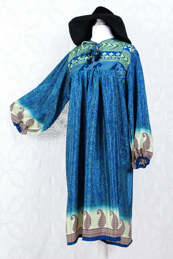 Daphne Smock Dress - Vintage Indian Sari - Blue & Green Paisley - S/M