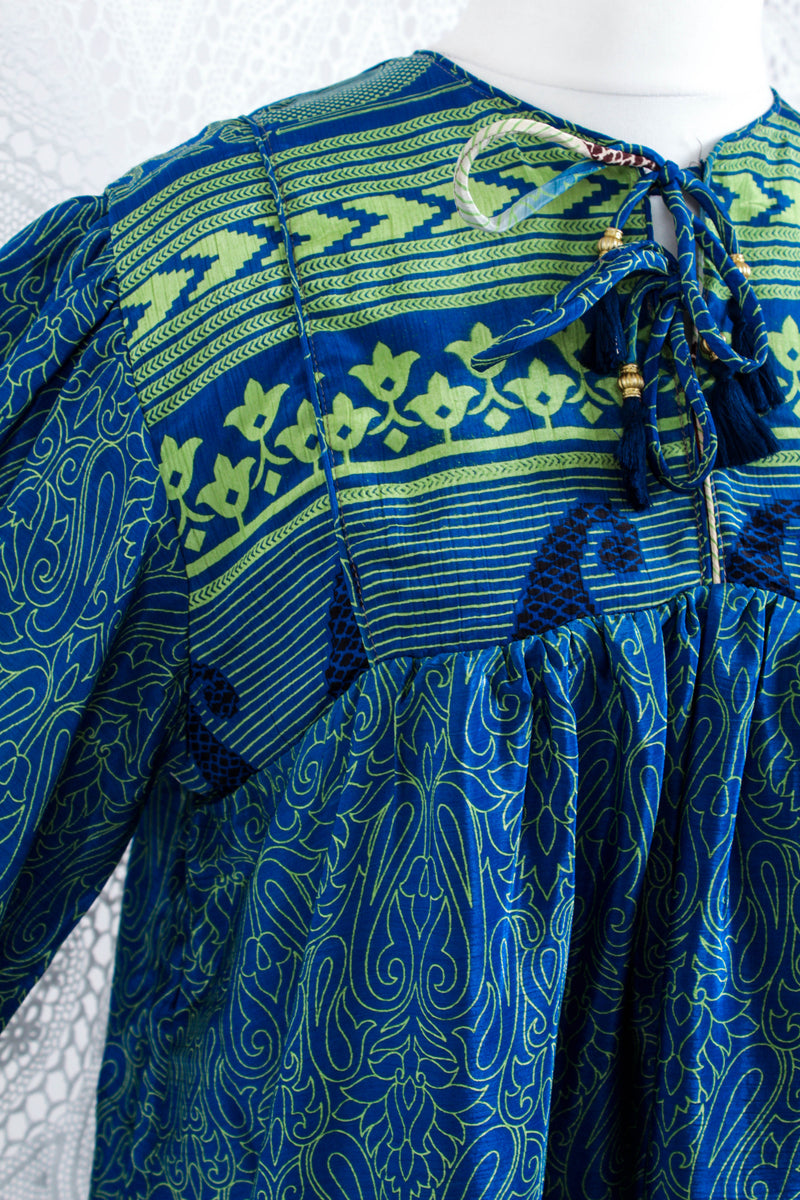 Daphne Smock Dress - Vintage Indian Sari - Blue & Green Paisley - S/M