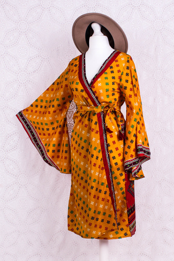 Gemini Bell Sleeve Midi Kimono/Dress - Marigold Yellow Vintage Sari - Size S/M