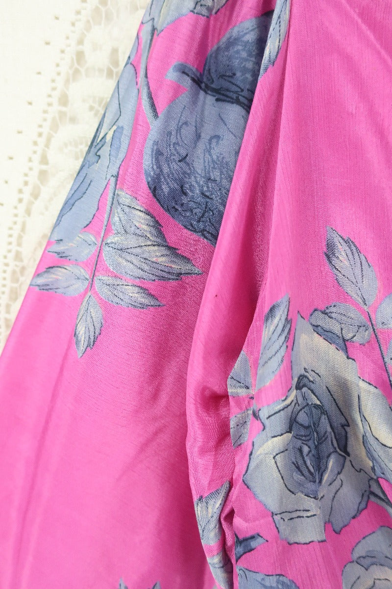 Ariel Top - Vintage Indian Sari - Peony Pink and Slate Grey Floral - Free Size M/L By All About Audrey