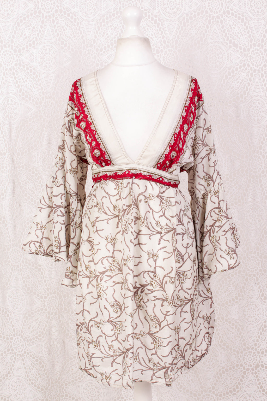Pansy Mini Dress - Indian Sari - Circular Flounce Sleeve - Jasmine & Crimson Floral - Free Size M/L