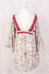 Pansy Mini Dress - Indian Sari - Circular Flounce Sleeve - Jasmine & Crimson Floral - Free Size M/L