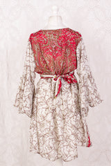 Pansy Mini Dress - Indian Sari - Circular Flounce Sleeve - Jasmine & Crimson Floral - Free Size M/L