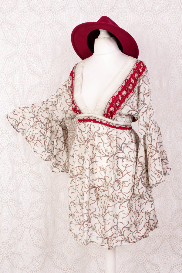 Pansy Mini Dress - Indian Sari - Circular Flounce Sleeve - Jasmine & Crimson Floral - Free Size M/L