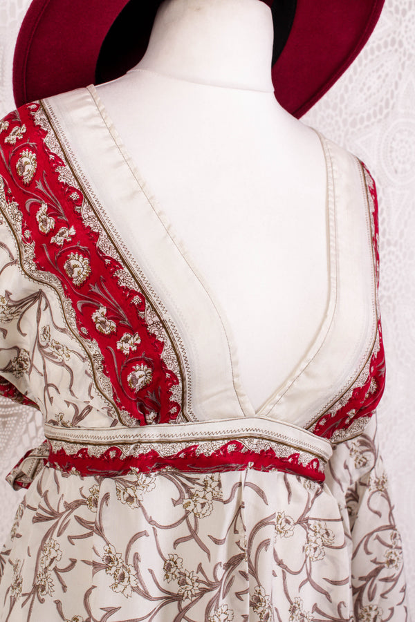 Pansy Mini Dress - Indian Sari - Circular Flounce Sleeve - Jasmine & Crimson Floral - Free Size M/L