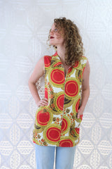 Vintage Mini Dress/Top - Bright Red & Yellow Mandala Sunflower - Size S