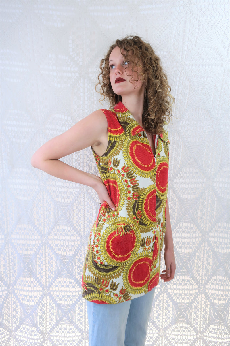Vintage Mini Dress/Top - Bright Red & Yellow Mandala Sunflower - Size S