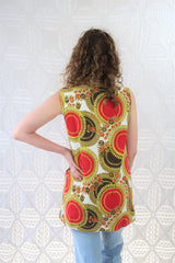Vintage Mini Dress/Top - Bright Red & Yellow Mandala Sunflower - Size S
