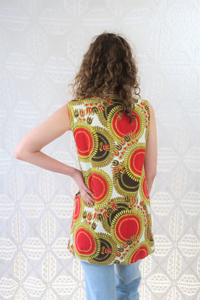 Vintage Mini Dress/Top - Bright Red & Yellow Mandala Sunflower - Size S
