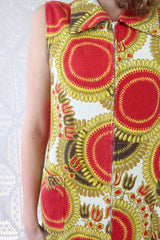 Vintage Mini Dress/Top - Bright Red & Yellow Mandala Sunflower - Size S