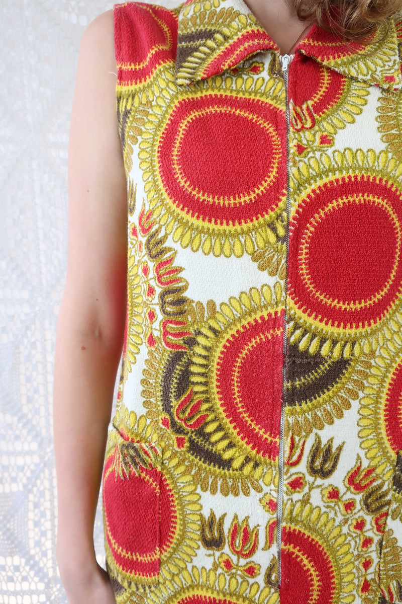 Vintage Mini Dress/Top - Bright Red & Yellow Mandala Sunflower - Size S