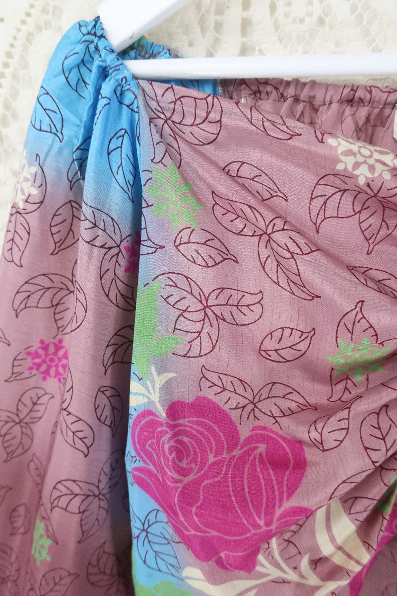 Ariel Top - Vintage Indian Sari - Sangria & Sky Leaf Print - Free Size S - M/L By All About Audrey