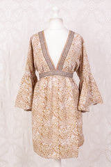 Pansy Mini Dress - Indian Sari - Circular Flounce Sleeve - Lily  & Sandstone with Shisha Embroidery - Free Size M/L