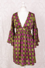 Pansy Mini Dress - Indian Sari - Circular Flounce Sleeve - Chequered Embellished Deep Magenta & Lime - Free Size S/M