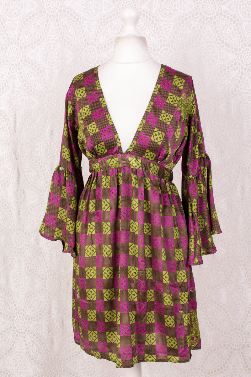 Pansy Mini Dress - Indian Sari - Circular Flounce Sleeve - Chequered Embellished Deep Magenta & Lime - Free Size S/M