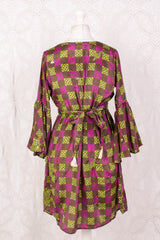 Pansy Mini Dress - Indian Sari - Circular Flounce Sleeve - Chequered Embellished Deep Magenta & Lime - Free Size S/M