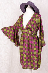 Pansy Mini Dress - Indian Sari - Circular Flounce Sleeve - Chequered Embellished Deep Magenta & Lime - Free Size S/M