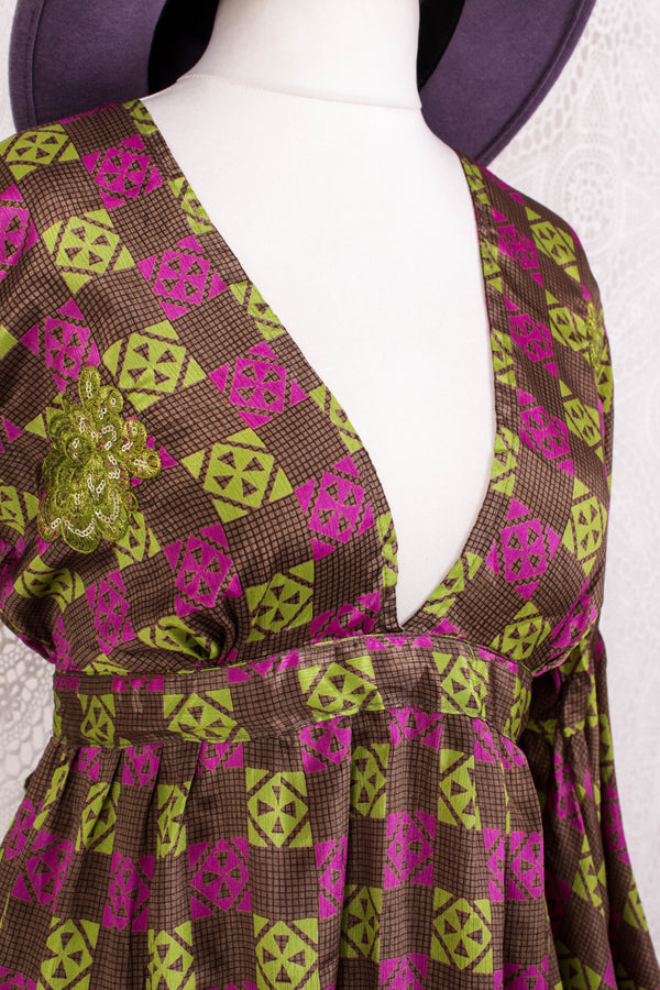 Pansy Mini Dress - Indian Sari - Circular Flounce Sleeve - Chequered Embellished Deep Magenta & Lime - Free Size S/M