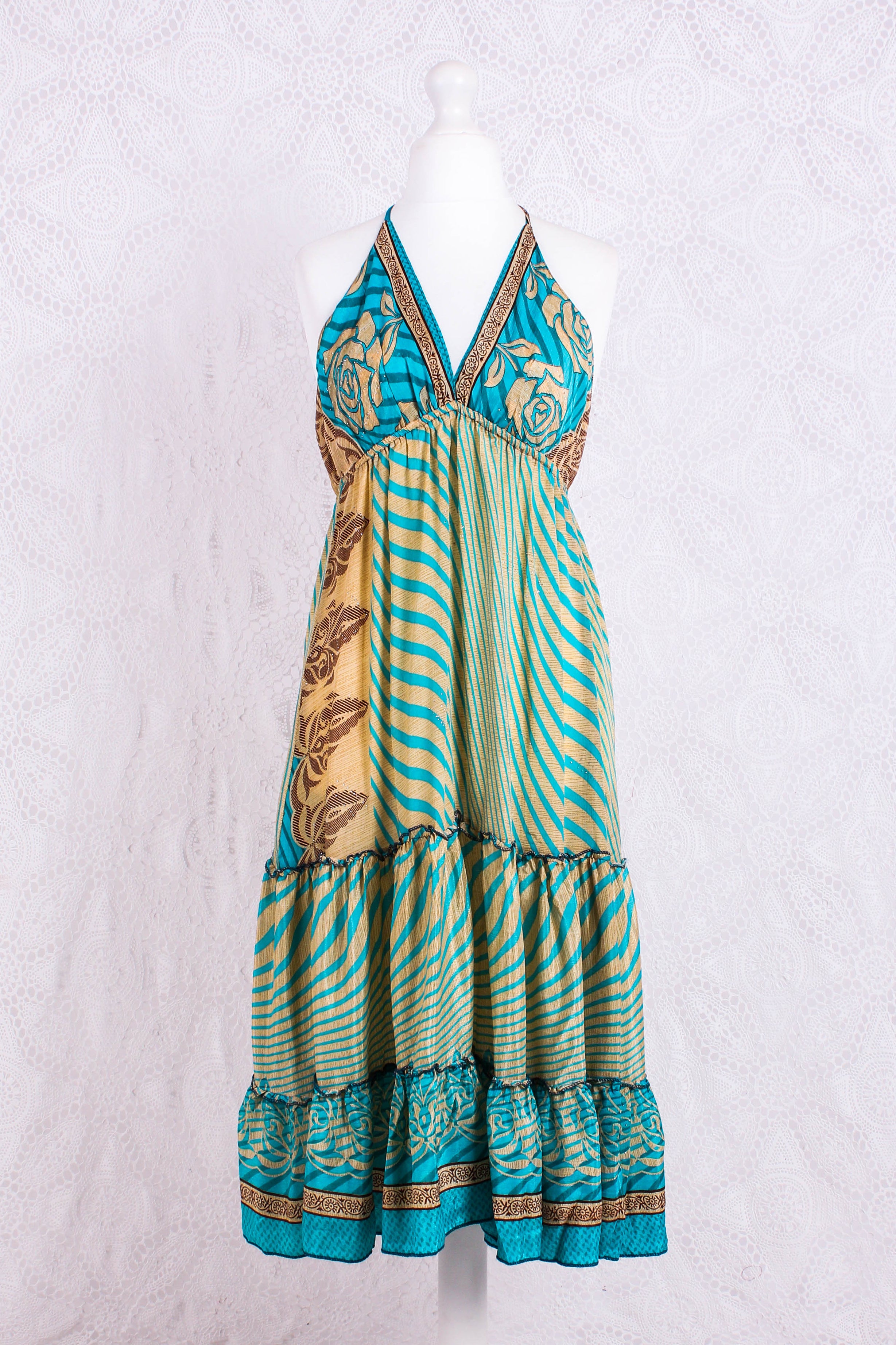Cherry Mini Halter Dress - Sheer Turquoise & Gold Vintage Sari (Free Size)