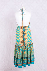 Cherry Mini Halter Dress - Sheer Turquoise & Gold Vintage Sari (Free Size)