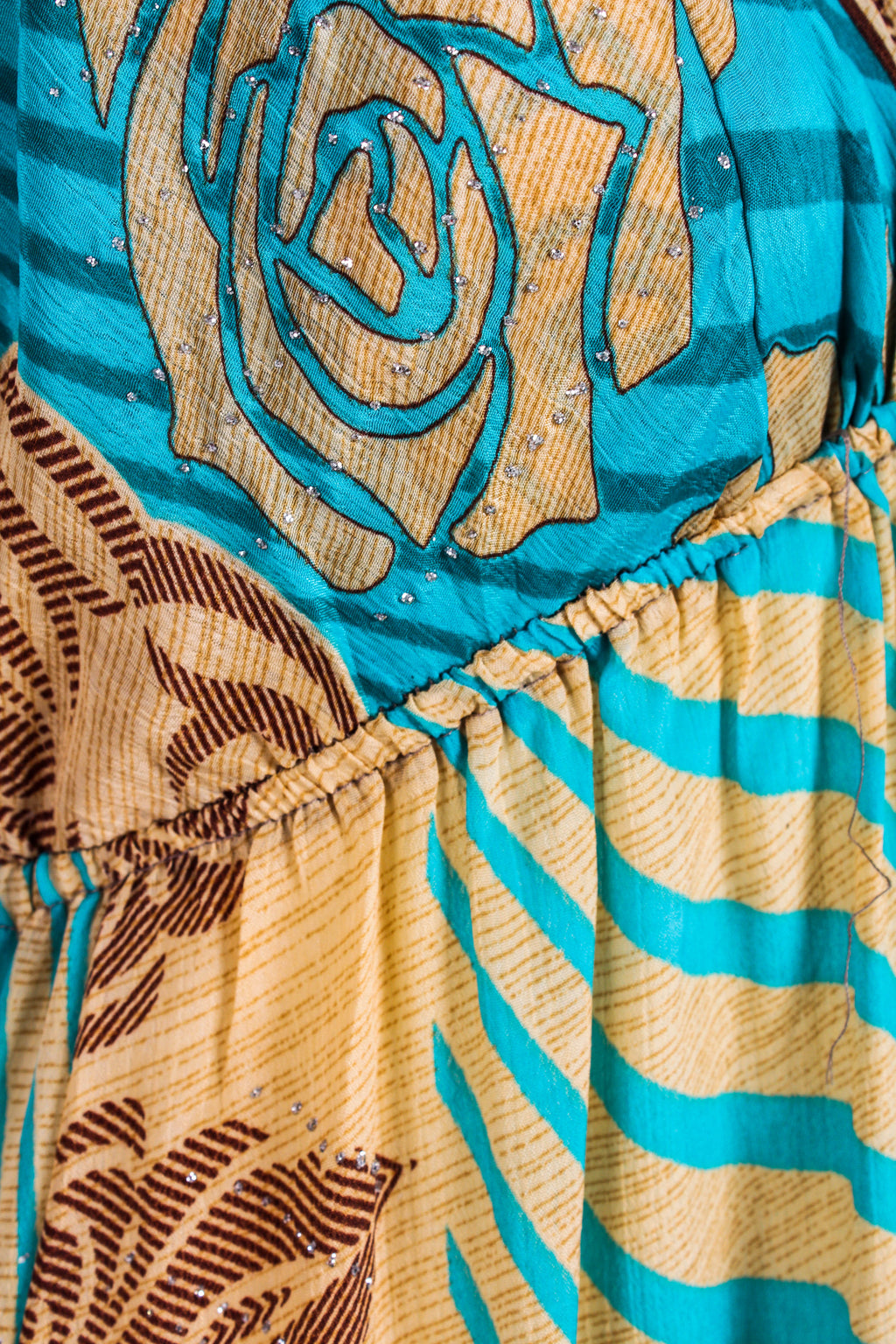 Cherry Mini Halter Dress - Sheer Turquoise & Gold Vintage Sari (Free Size)
