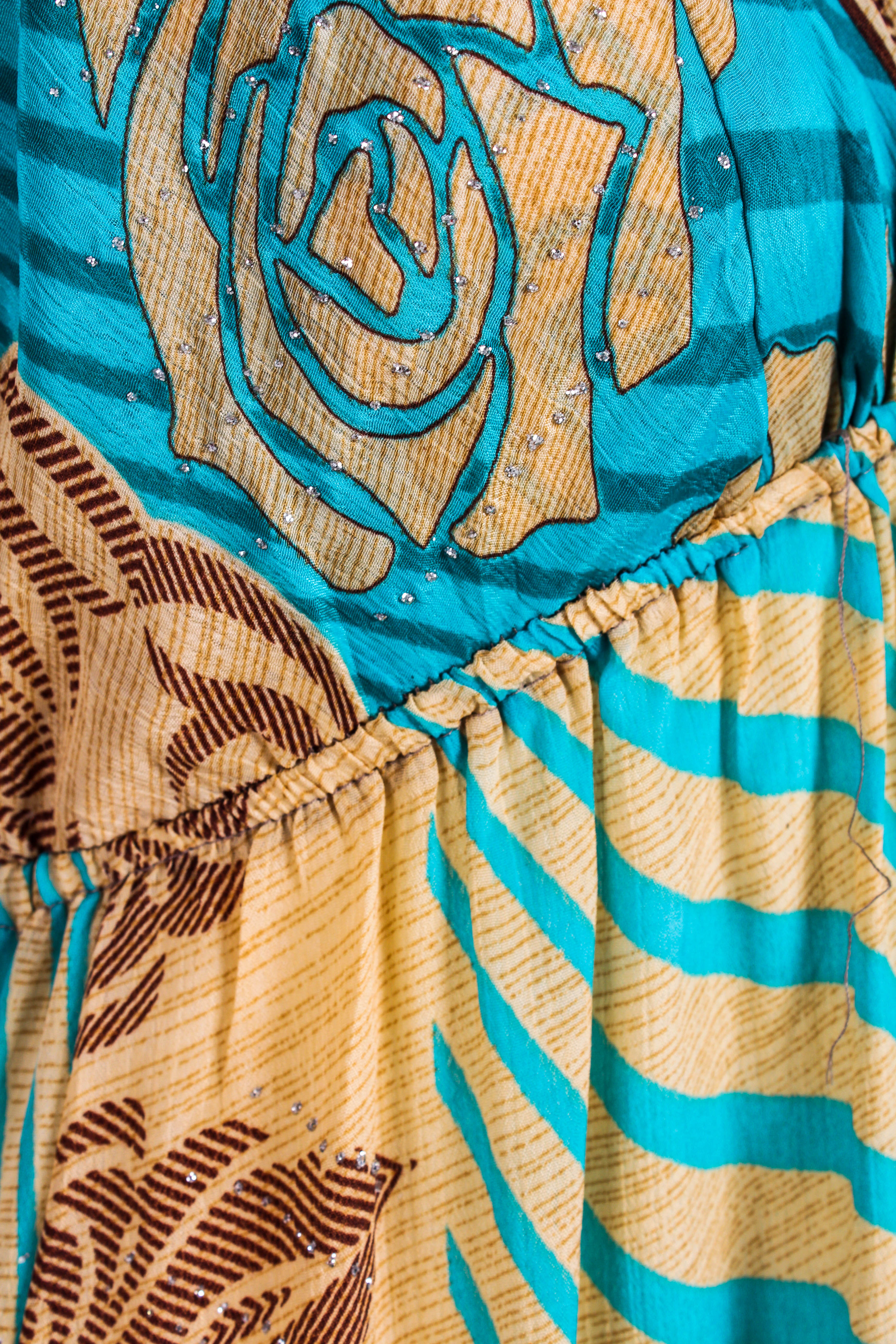 Cherry Mini Halter Dress - Sheer Turquoise & Gold Vintage Sari (Free Size)