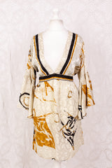 Pansy Mini Dress - Indian Sari - Circular Flounce Sleeve - Ivory, Honey & Raven Brushstroke Shimmer - Free Size M/L