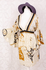 Pansy Mini Dress - Indian Sari - Circular Flounce Sleeve - Ivory, Honey & Raven Brushstroke Shimmer - Free Size M/L