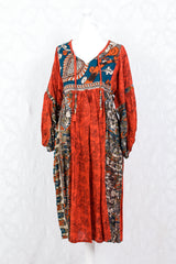 Daisy Midi Smock Dress - Vintage Indian Cotton - Blood Orange Illustrations - M