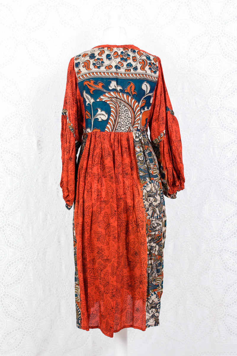 Daisy Midi Smock Dress - Vintage Indian Cotton - Blood Orange Illustrations - M