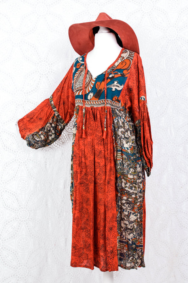 Daisy Midi Smock Dress - Vintage Indian Cotton - Blood Orange Illustrations - M