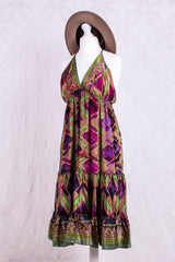 Cherry Mini Halter Dress - Amethyst, Gold & Lime Graphic Vintage Sari (Free Size)