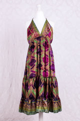 Cherry Mini Halter Dress - Amethyst, Gold & Lime Graphic Vintage Sari (Free Size)