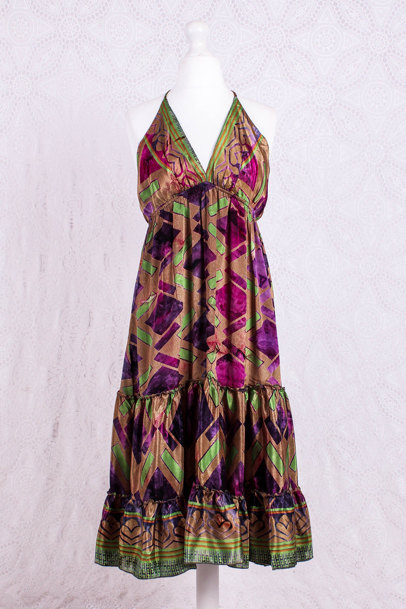 Cherry Mini Halter Dress - Amethyst, Gold & Lime Graphic Vintage Sari (Free Size)