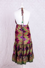 Cherry Mini Halter Dress - Amethyst, Gold & Lime Graphic Vintage Sari (Free Size)